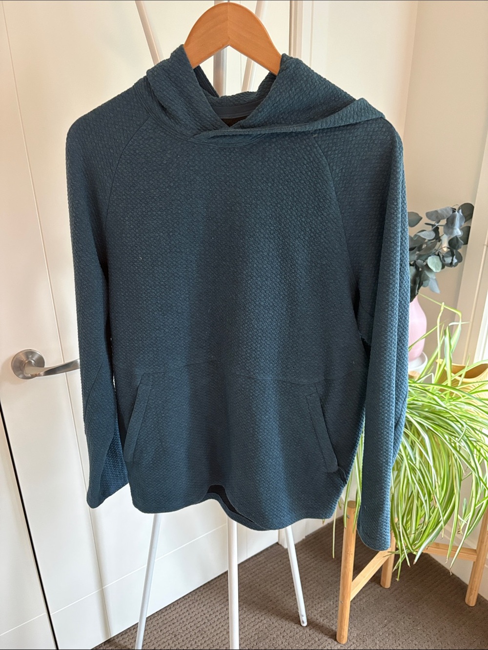 Cozy Hooded Waffle-Knit Sweater - Teal